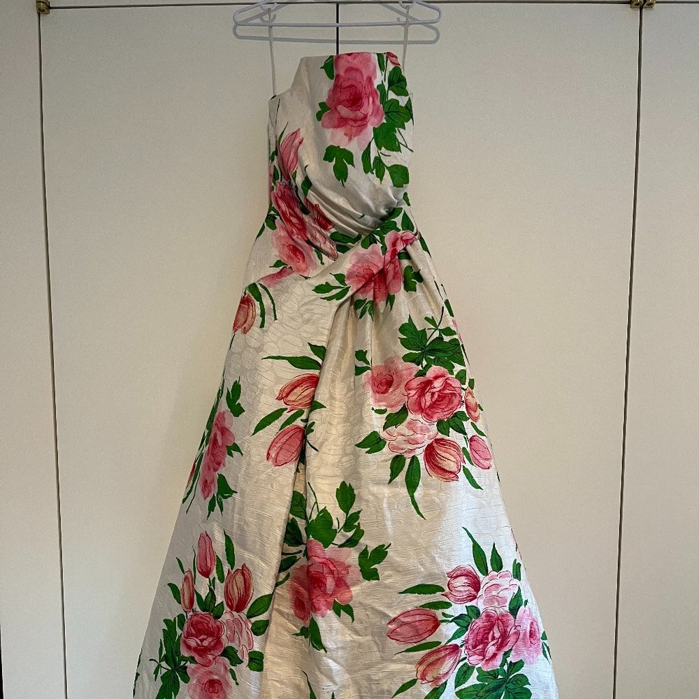 Saks Fifth Avenue White Strapless Dress with Pink Flowers